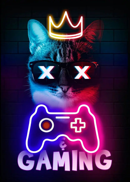 Póster Nordic Cat e Citações de Comando Gaming em Tela Moderna para Arte de Parede e Decoração Mural de Quarto Gamer para Rapazes e Raparigas (não néon)
