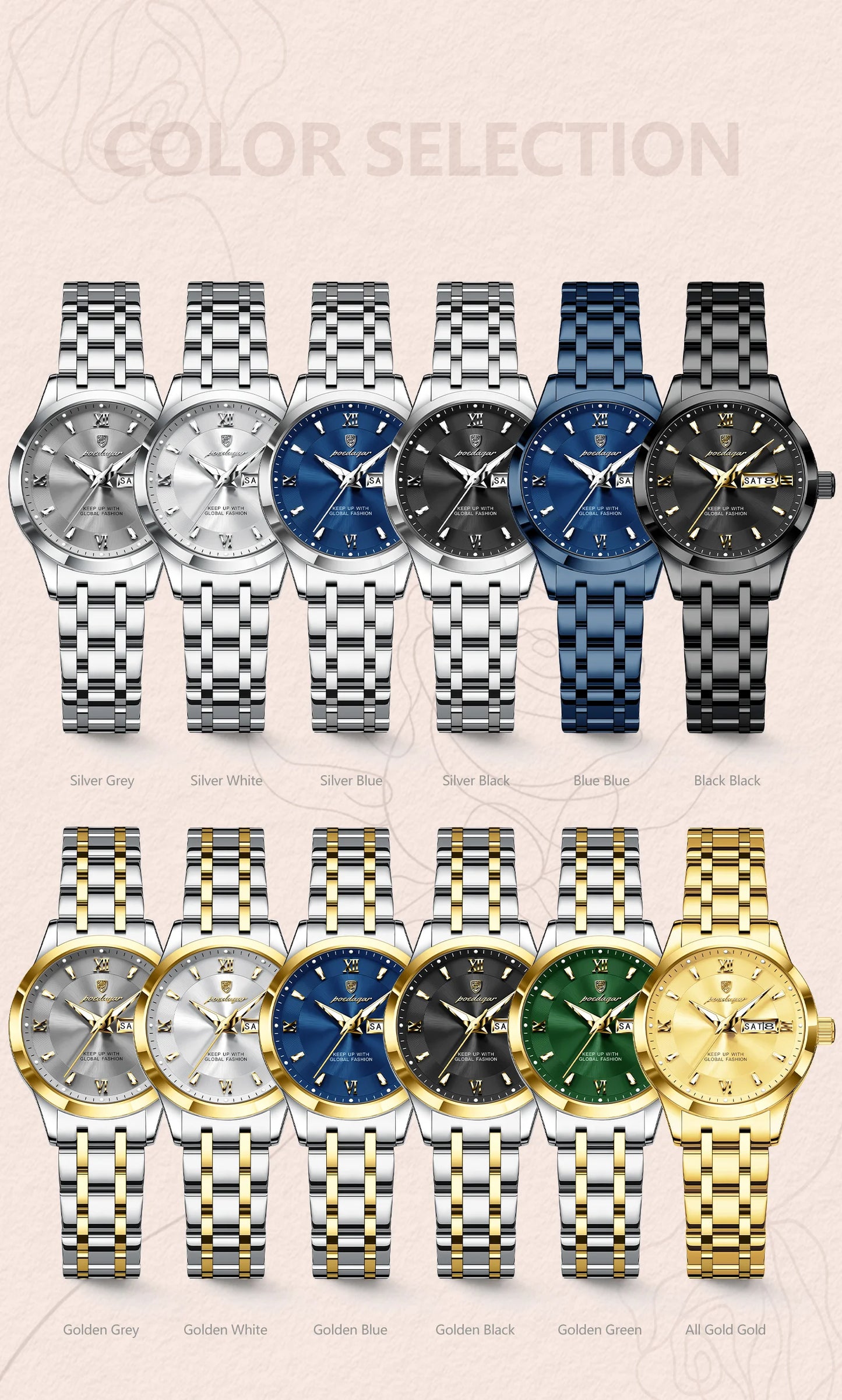 POEDAGAR Luxury Elegant Woman's Watches Luminous Waterproof Stainless Steel Ladies Wristwatch Quartz Week Date Women Watch Reloj