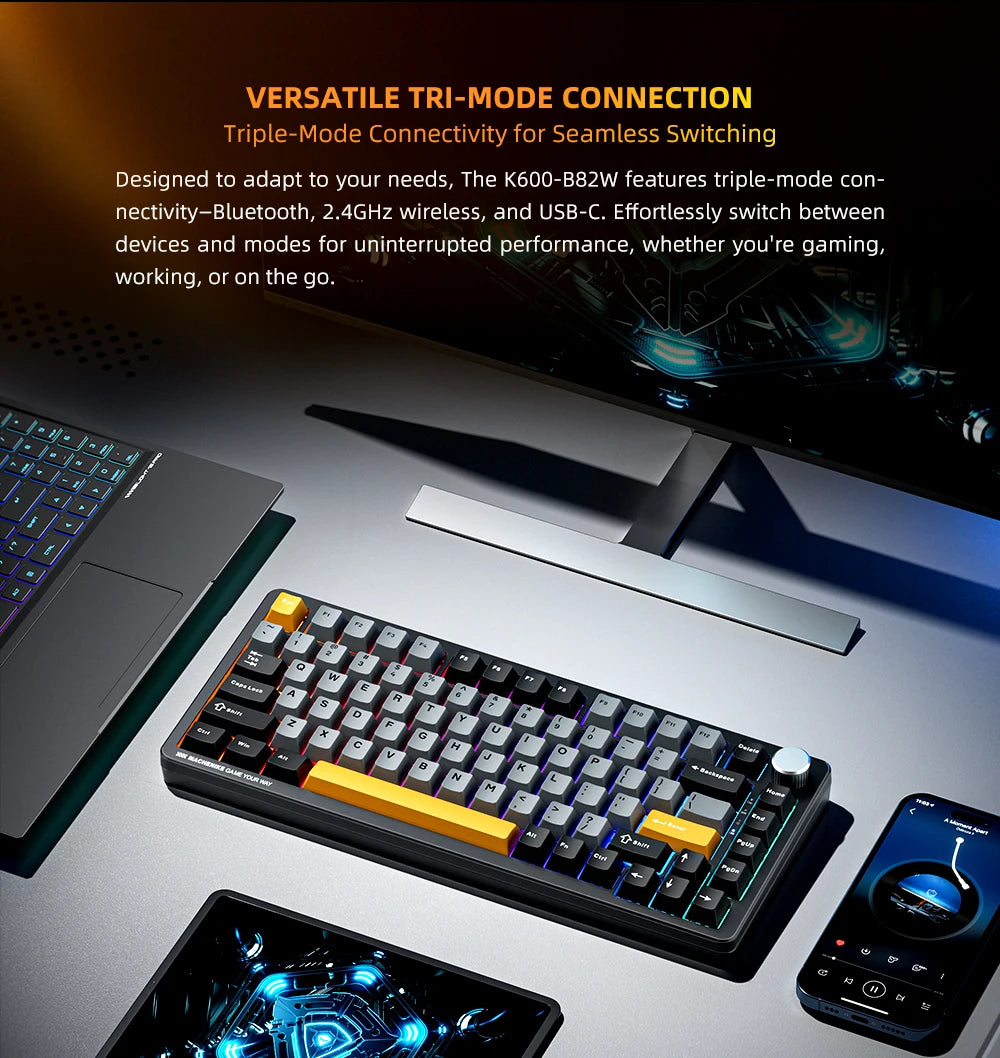 Teclado mecánico Machenike K600-B82W Tri-Modos con montaje gasket, diseño ANSI 75%, retroiluminación RGB y conexión inalámbrica para gaming