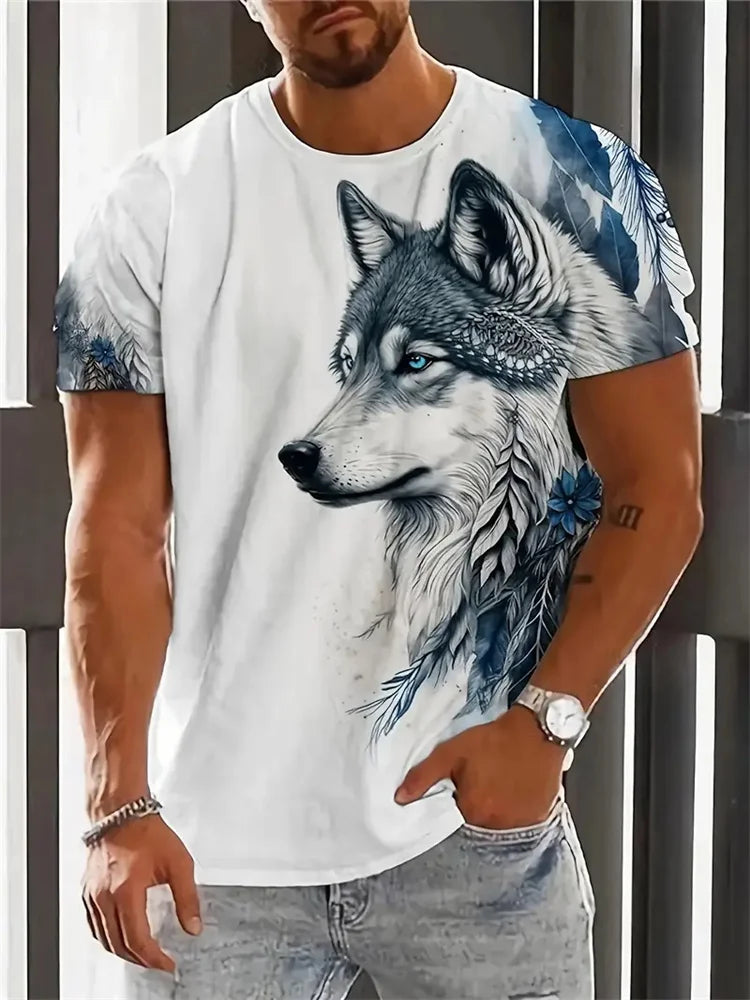 Men's 3D Wolf Print T-Shirt Casual Round Neck Short Sleeve Shirt Breathable and Comfortable Fabric Men's Street Outdoor Clothing
