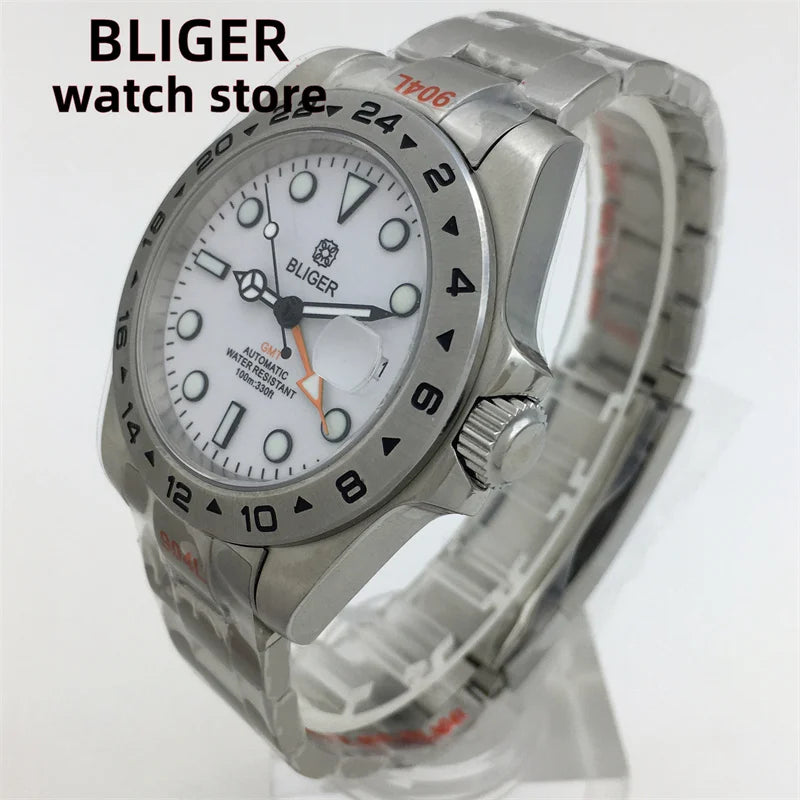 BLIGER 40mm/43mm Japan NH34 GMT Men's mechanical watch green luminous white dial sapphire glass stainless steel strap
