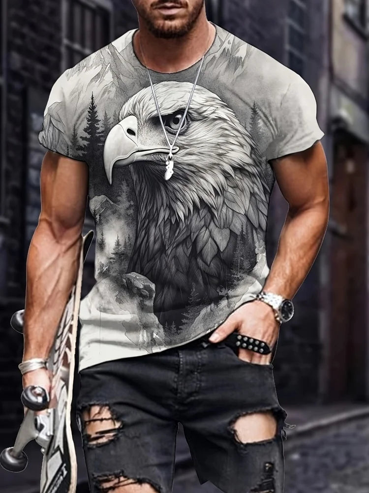 Patriottisch 3D-T-shirt met adelaarsprint voor heren, casual T-shirt met ronde hals en korte mouwen, ideaal voor zomermode en buitenactiviteiten, herenkleding