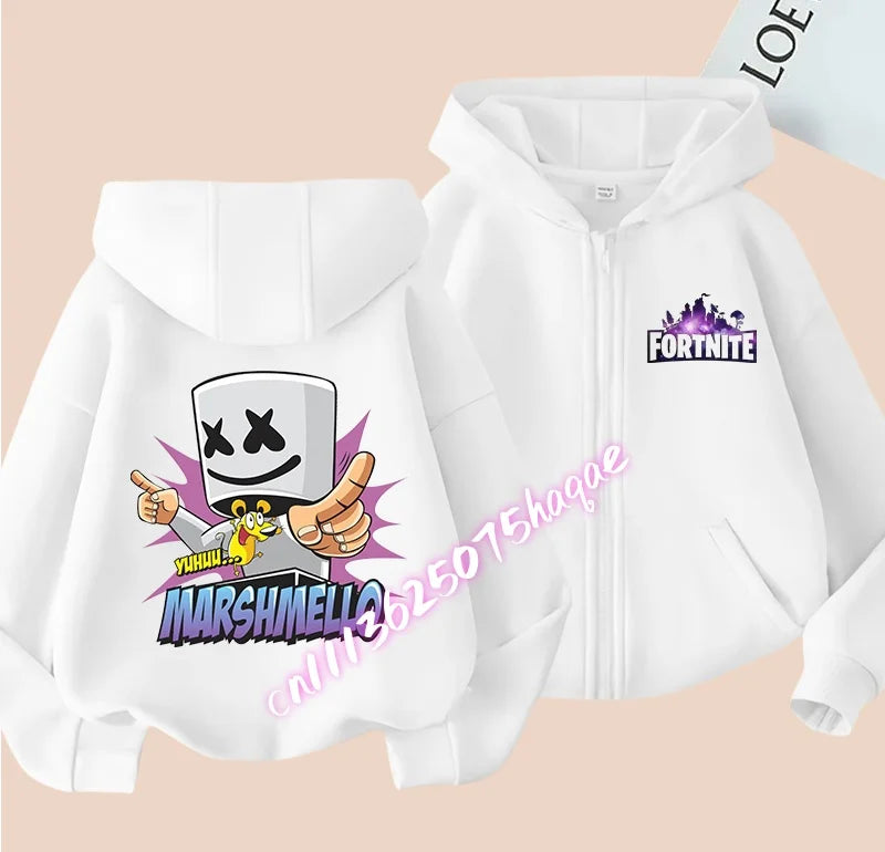 Casaco com capuz infantil Fortnite de outono, com fecho, estampado com personagem de jogo em estilo cartoon, casaco de inverno para criança, roupa para menino