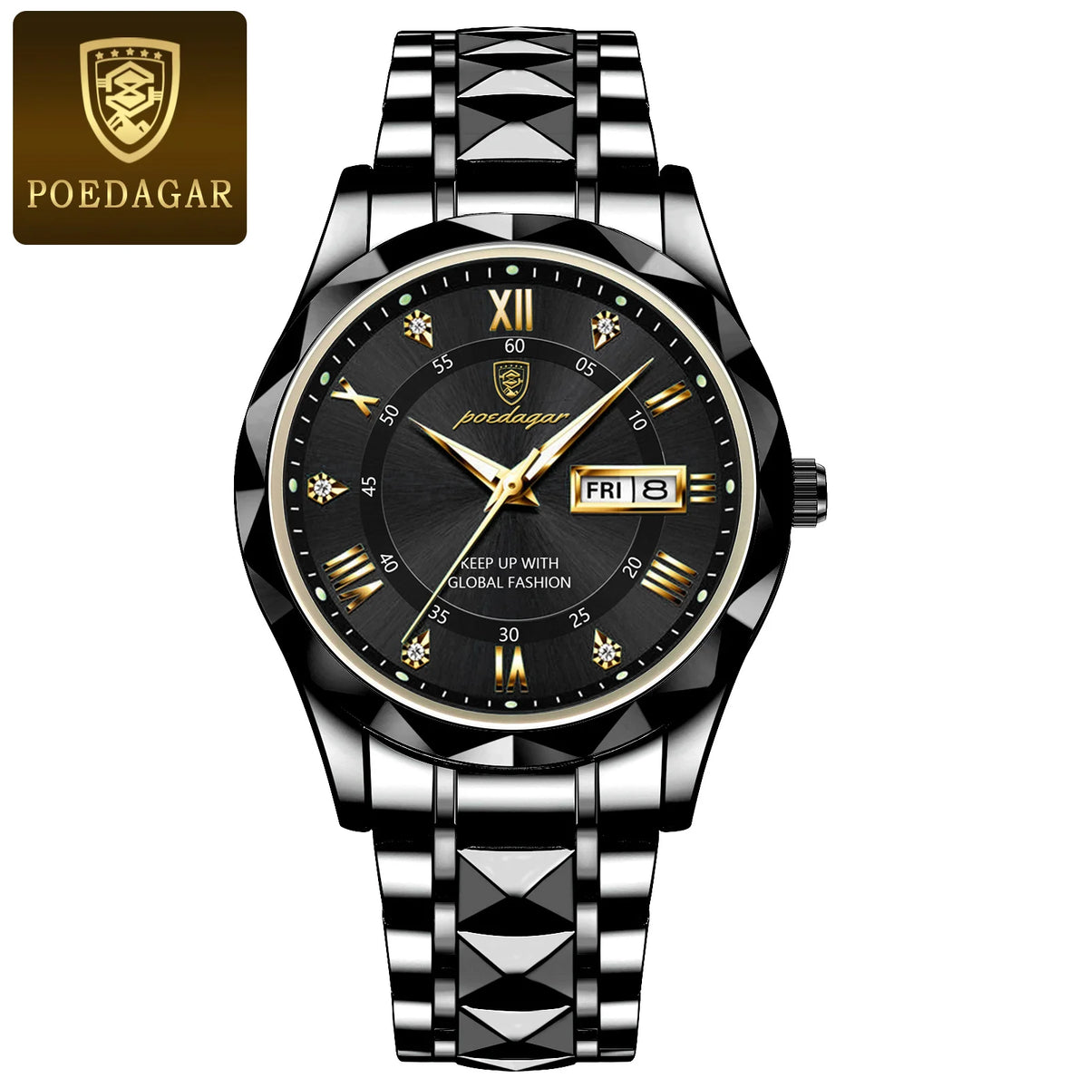 Мъжки часовник POEDAGAR Business Luxury, водоустойчив, от неръждаема стомана, със светещ циферблат, с дата и ден от седмицата, спортен стил, кварцов.