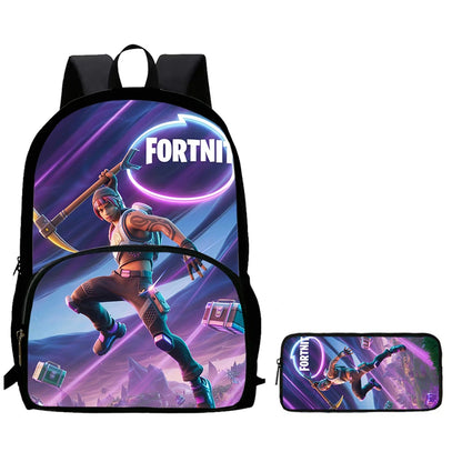 2Pcs Kids School Bag Set FORTNITE Cartoon, Lightweight & Durable Backpack and Pencil Bag with Front Pocket, Boys & Girls 5-10