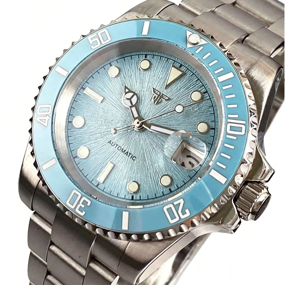 Tandorio Blue Dial 40mm Miyota 8215 PT5000 Mechanical Dive Watch Men 200M Waterproof Lume Sapphire Stainless Steel Bracelet