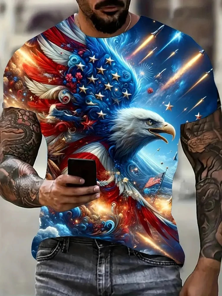 Patriottisch 3D-T-shirt met adelaarsprint voor heren, casual T-shirt met ronde hals en korte mouwen, ideaal voor zomermode en buitenactiviteiten, herenkleding