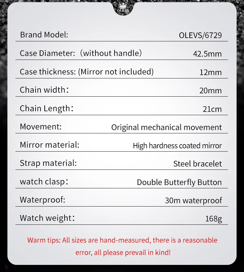 OLEVS 6729 Original Men's Watches Stainless Steel Waterproof Luminous Date Week Moon Phase Automatic Mechanical Watches for Man