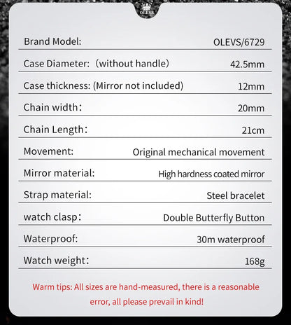 OLEVS 6729 Original Men's Watches Stainless Steel Waterproof Luminous Date Week Moon Phase Automatic Mechanical Watches for Man