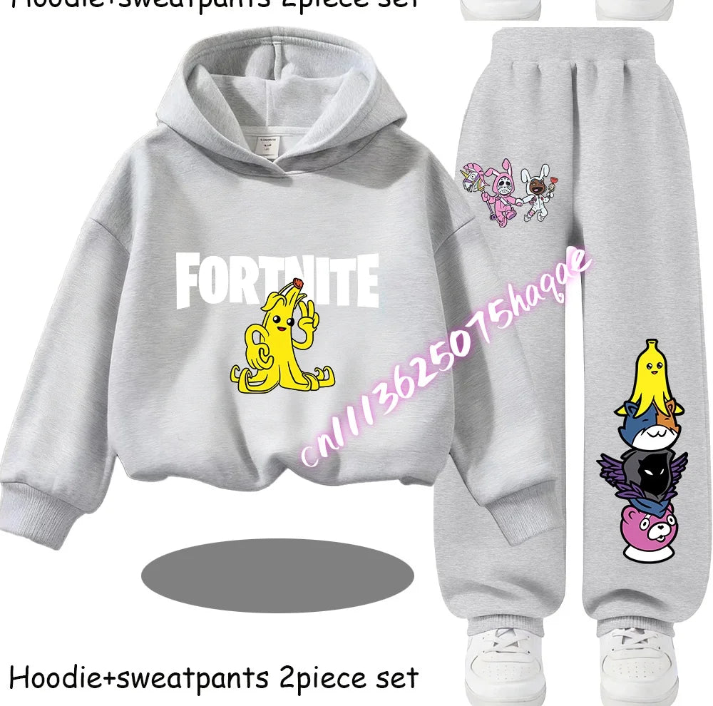 Fortnite Kids Spring and Autumn Long-Sleeved Pants Children's Hooded Sweatshirt Set Game Cartoon Print Boys' Sport Shirt