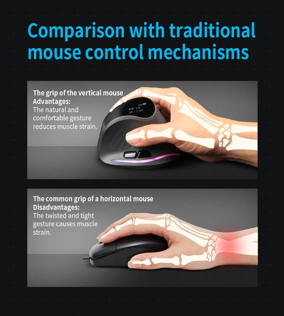Rechargeable Wireless Vertical Mouse With Screen Display  Ergonomic Mice 6 Button Progammable Gaming Mouse for Gamer Desktop