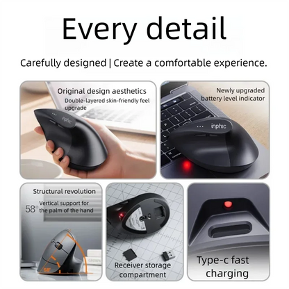 Inphic X9 PRO Vertical Wireless Mouse, Ergonomic Silent Bluetooth & 2.4G Rechargeable Mouse with Type-C Fast Charging, 12800 DPI for Laptop, PC & Gaming