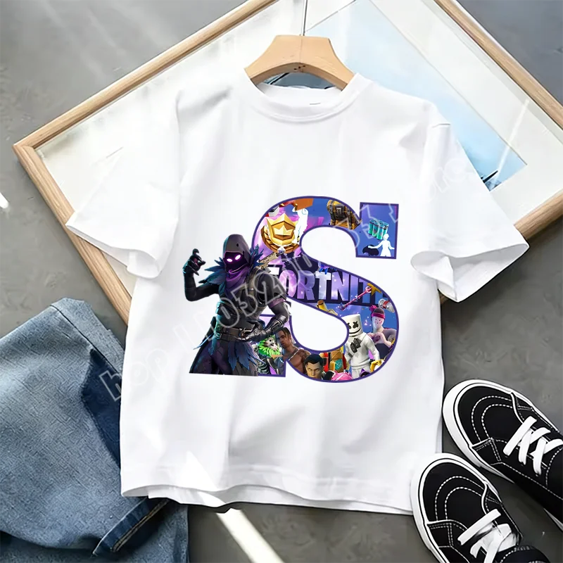 T-shirt Infantil Branco Fortnite com Estampado Alfabeto A-Z — Roupa de Verão, Jogo de Desenhos Animados Popular, Manga Curta Casual, Presente de Moda