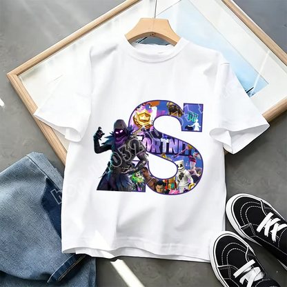 T-shirt Infantil Branco Fortnite com Estampado Alfabeto A-Z — Roupa de Verão, Jogo de Desenhos Animados Popular, Manga Curta Casual, Presente de Moda