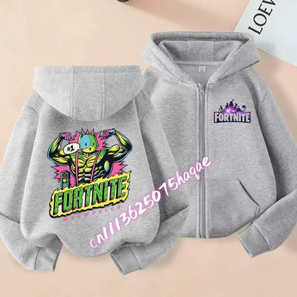 Casaco com capuz infantil Fortnite de outono, com fecho, estampado com personagem de jogo em estilo cartoon, casaco de inverno para criança, roupa para menino