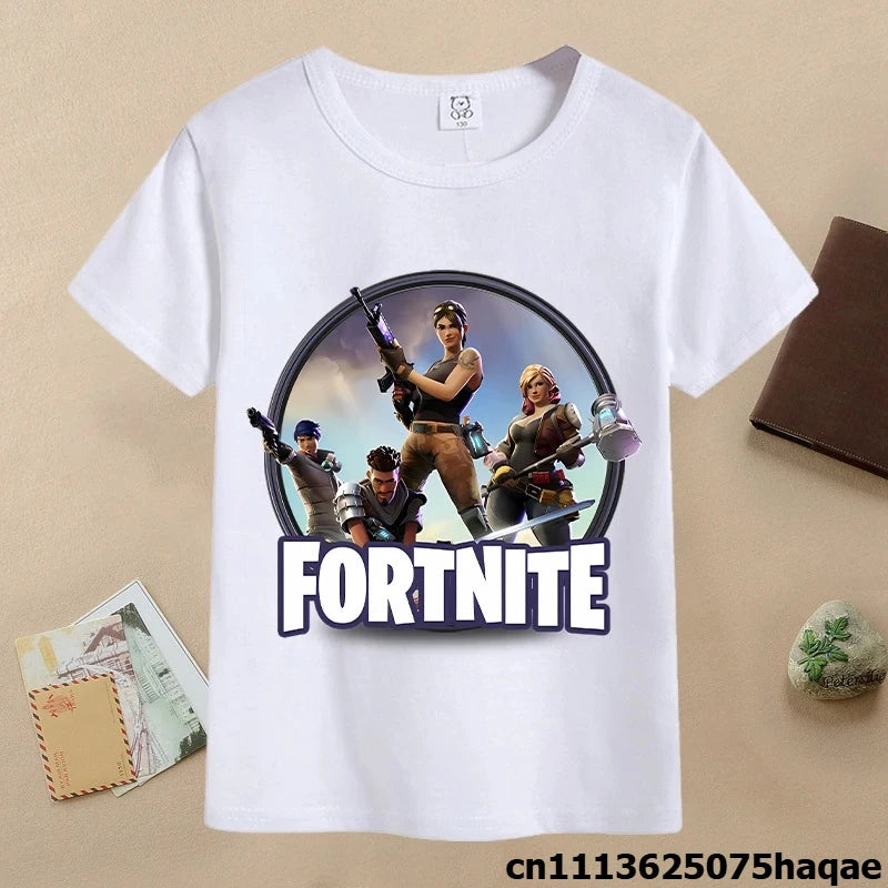 T-shirt de verão para criança Fortnites, com estampado de figura de jogo em estilo cartoon, T-shirt casual desportiva para rapaz, manga curta, vestuário infantil