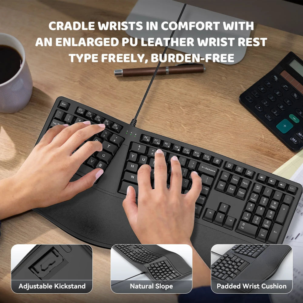 Teclado ergonómico dividido con cable USB K9, reposamuñecas, 110 teclas, teclado gaming para oficinas profesionales