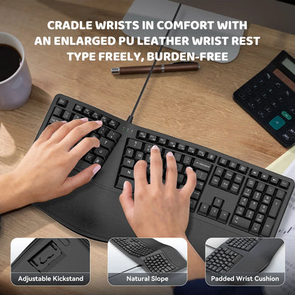 Teclado ergonómico dividido con cable USB K9, reposamuñecas, 110 teclas, teclado gaming para oficinas profesionales