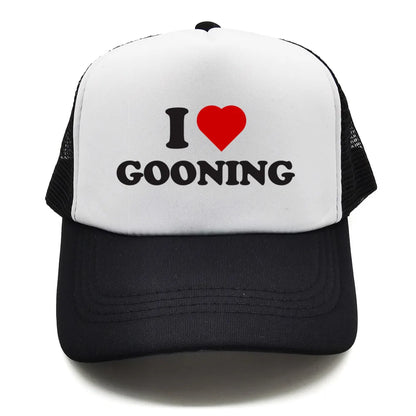 Juokingos „I Love Gooning“ beisbolo kepurės. Šaunios vasarinės vyriškos tinklinės kepurės. Humoro kupinos „Trucker“ stiliaus kepurės. Unisex lauko tinklinės kepurės MZ-080