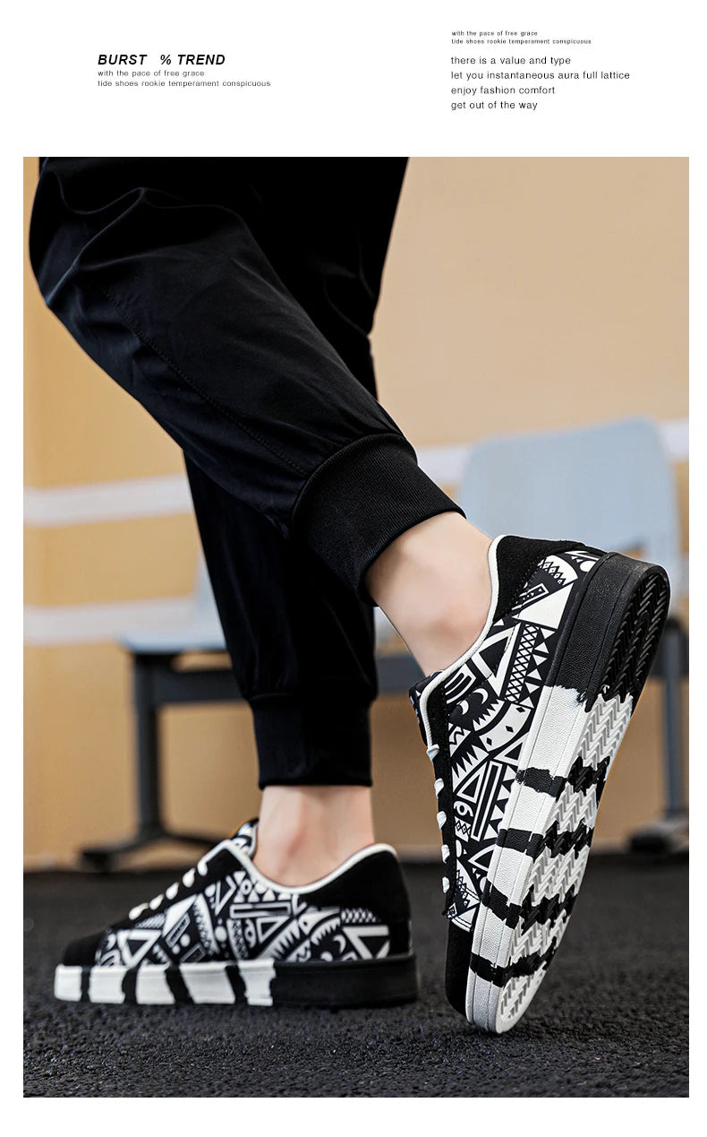 Zapatillas deportivas de running para hombre YRZL de lona con estilo geométrico, zapatillas con cordones para pareja, zapatos de skate para hombre con estampado grafiti moderno
