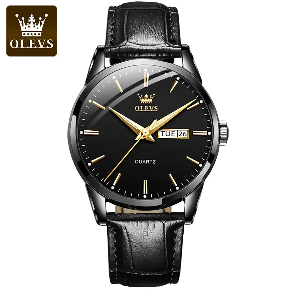 Relógio de quartzo OLEVS para homem – Estilo luxuoso e elegante, bracelete em pele, indicação da data e do dia, resistente à água, ideal para o trabalho