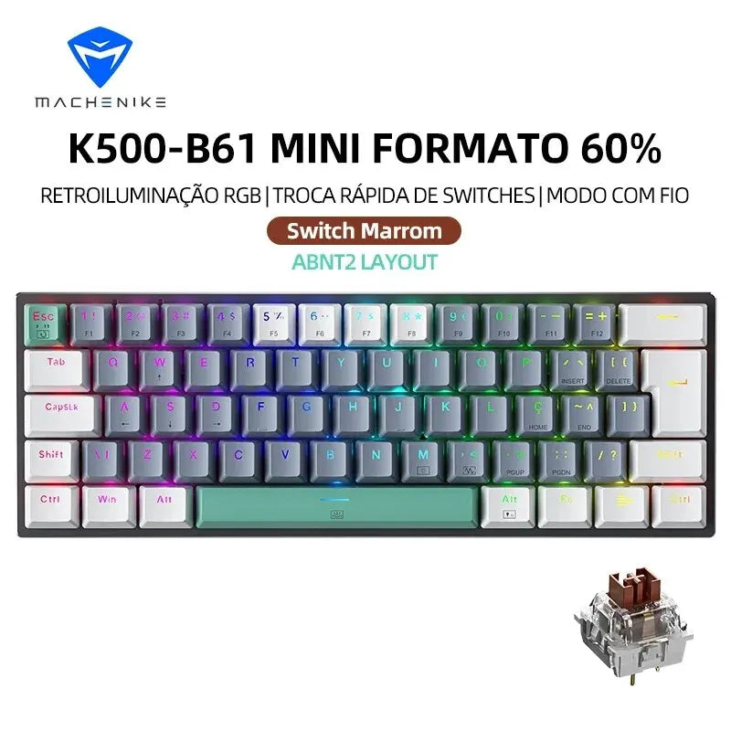 Tastiera meccanica mini Machenike K500-B61 60% layout ABNT2, retroilluminazione RGB, hot-swappable, NKRO, tastiera gaming cablata per PC Gamer