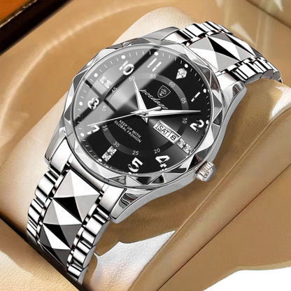 Мъжки часовник POEDAGAR Fashion Luxury, водоустойчив, със светещ циферблат, кварцов механизъм, каишка от неръждаема стомана, дата и ден от седмицата, неформален стил.
