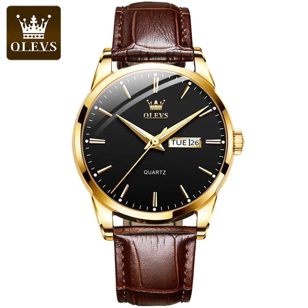 Relógio de quartzo OLEVS para homem – Estilo luxuoso e elegante, bracelete em pele, indicação da data e do dia, resistente à água, ideal para o trabalho