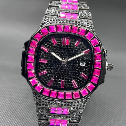 MISSFOX Luxury Watch For Men Rose Iced Out Diamond Hip Hop Quartz Waterproof Clock Men Square Diamond Male Watch 2026 New