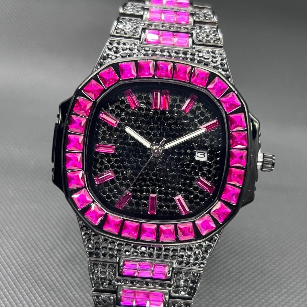 MISSFOX Luxury Watch For Men Rose Iced Out Diamond Hip Hop Quartz Waterproof Clock Men Square Diamond Male Watch 2026 New