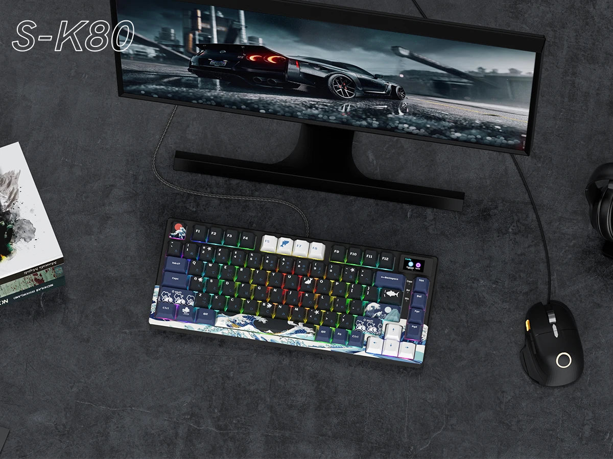 Teclado gamer Womier S-K80 com ecrã OLED a cores, teclado mecânico gaming hot-swappable com montagem gasket, teclado RGB personalizado
