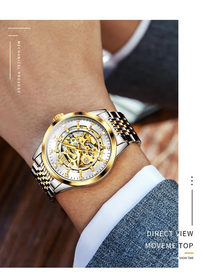 OLEVS Men's Watches Luxury Gold Skeleton Automatic Mechanical Wrist Watch for Man Waterproof Stainless Steel Luminous Business