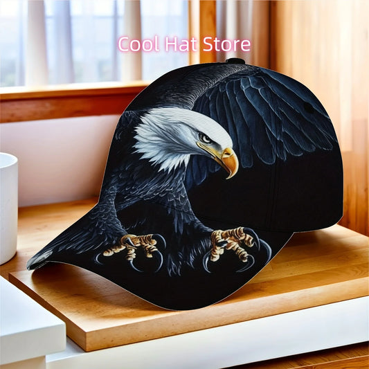One Baseball Cap Featuring a Majestic Eagle in Flight, Equipped with an Adjustable Strap. This Lightweight And Foldable Hat Is P