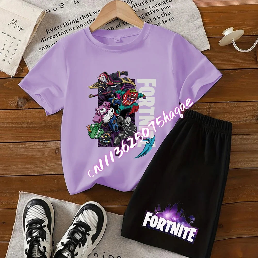 Sommer-Fortnite-T-Shirt und Shorts für Jungen und Mädchen, 2-teiliges Kinder-Set mit Oberteil und Hose, Fortress-Night-Print, Geschenk