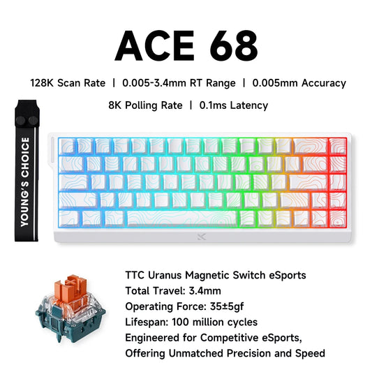 Teclado Gaming MCHOSE ACE 68 com Switches Magnéticos Hall Effect, Rapid Trigger, RGB Programável, 8K Hz, DKS/MT/TGL/RS/SOCD