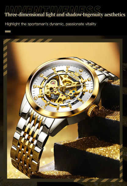 OLEVS Men's Watches Luxury Gold Skeleton Automatic Mechanical Wrist Watch for Man Waterproof Stainless Steel Luminous Business