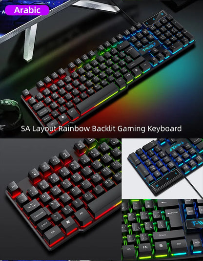 Tastiera gaming meccanica con retroilluminazione RGB, cablata USB, per ufficio e casa, tasti multimediali, layout russo, spagnolo, arabo e inglese