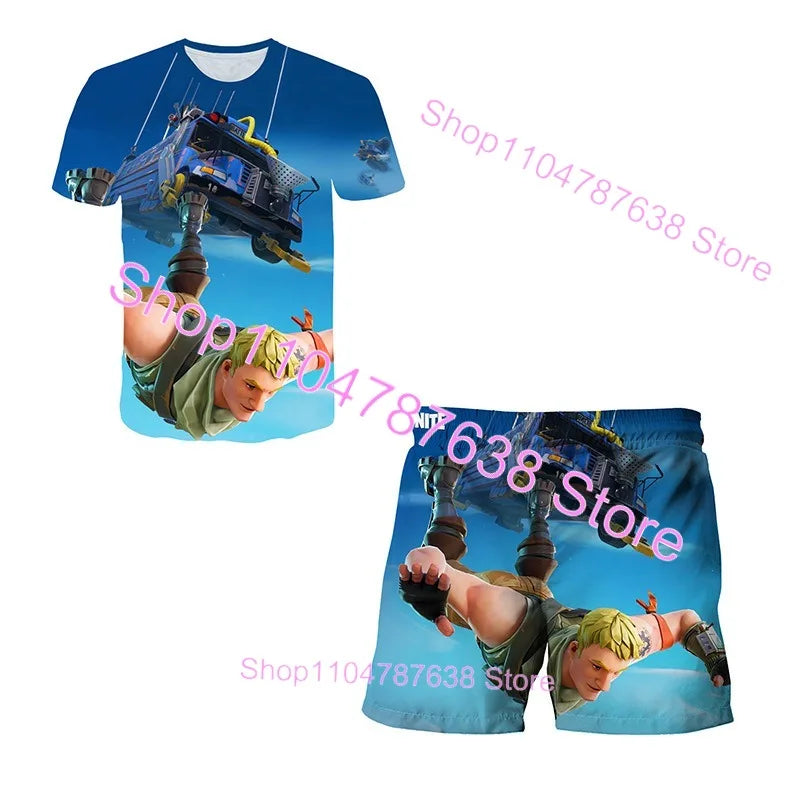 2-teiliges Set F-Fortnited Victory 3D-T-Shirt und Shorts für Kinder, Oberteile für Mädchen und Jungen, Battle-Royale-Kleidung, Harajuku-Tees, Hero-Kinder-T-Shirt