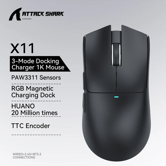 ATTACK SHARK X11 gamingmus og X11 SE trådløs mus 22000 DPI, PAW3311-sensor, BT/2.4G/kablet, 59g letvægt, 2000W klik