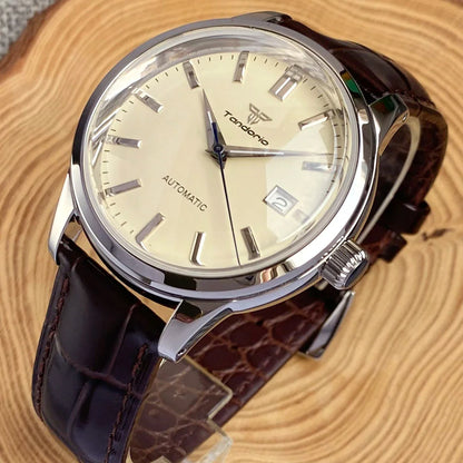 Tandorio 40mm Japanese NH35 Automatic 200M Diving Watch Men Beige Dial Bubble Sapphire Polished Case Glass Back Screw Crown