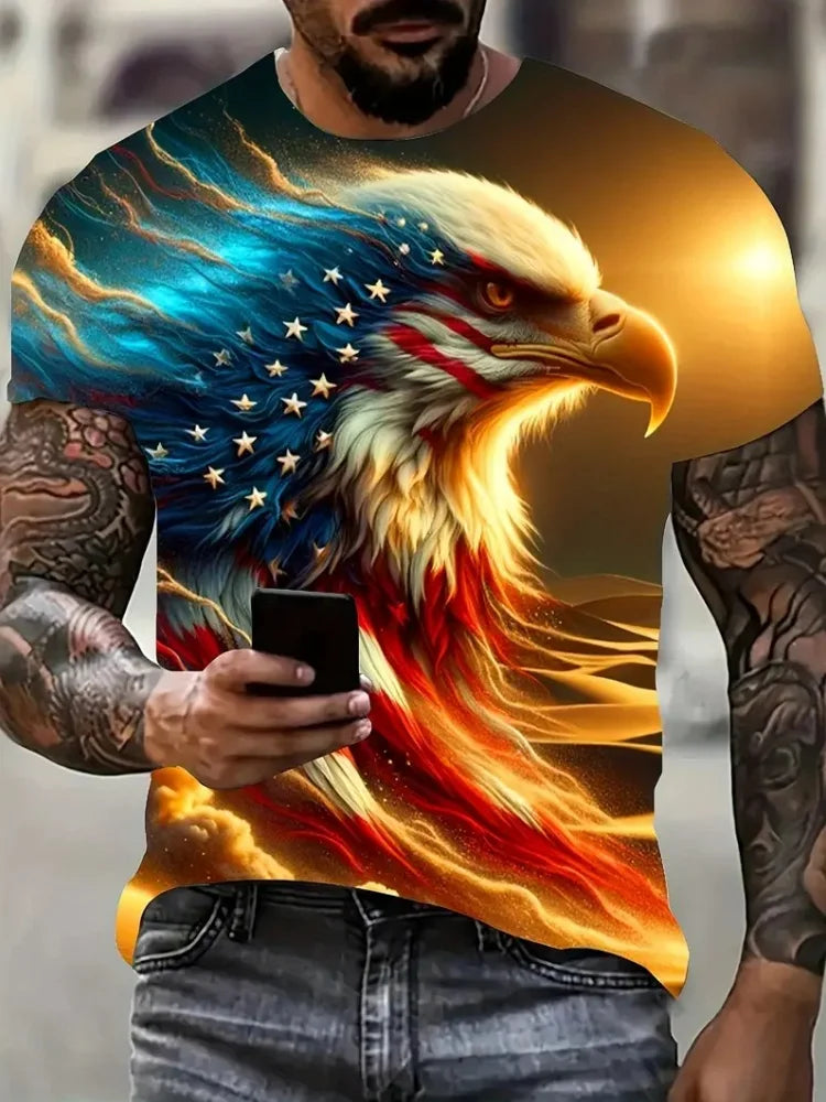 Patriottisch 3D-T-shirt met adelaarsprint voor heren, casual T-shirt met ronde hals en korte mouwen, ideaal voor zomermode en buitenactiviteiten, herenkleding