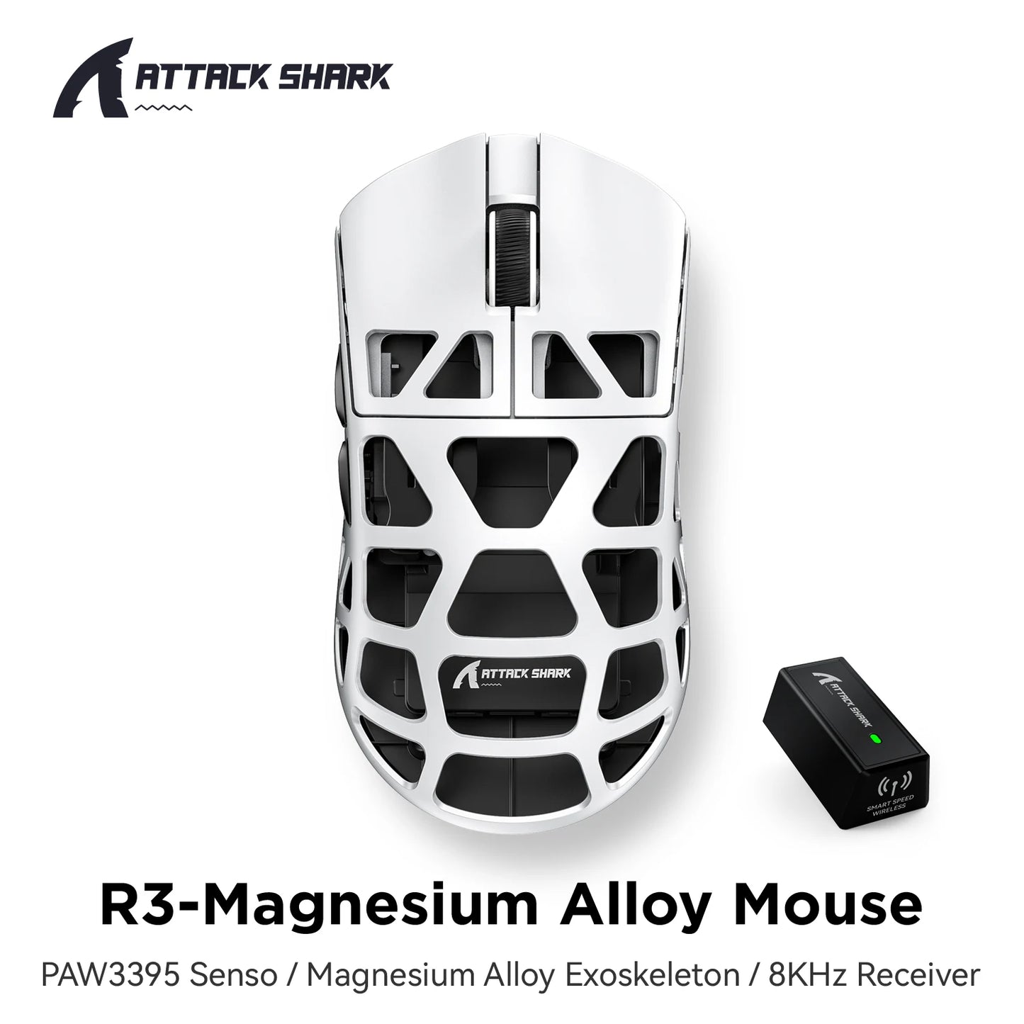 Mouse de gaming ATTACK SHARK R3 din aliaj de magneziu cu structură tip fagure, ultra-ușor, 8K Hz, senzor PAW3395, 26000 DPI, carcasă ergonomică