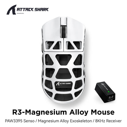 Mouse de gaming ATTACK SHARK R3 din aliaj de magneziu cu structură tip fagure, ultra-ușor, 8K Hz, senzor PAW3395, 26000 DPI, carcasă ergonomică