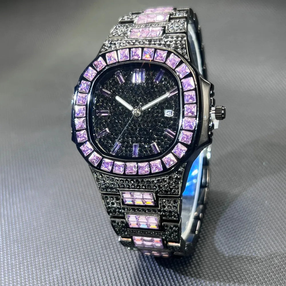 MISSFOX Luxury Watch For Men Rose Iced Out Diamond Hip Hop Quartz Waterproof Clock Men Square Diamond Male Watch 2026 New