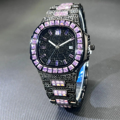 MISSFOX Luxury Watch For Men Rose Iced Out Diamond Hip Hop Quartz Waterproof Clock Men Square Diamond Male Watch 2026 New