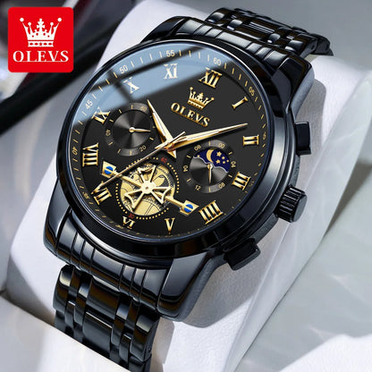 Relógio de homem OLEVS 2859 – Modelo clássico e luxuoso com algarismos romanos, multifunções, resistente à água, mostrador luminescente, movimento de quartzo de alta qualidade.