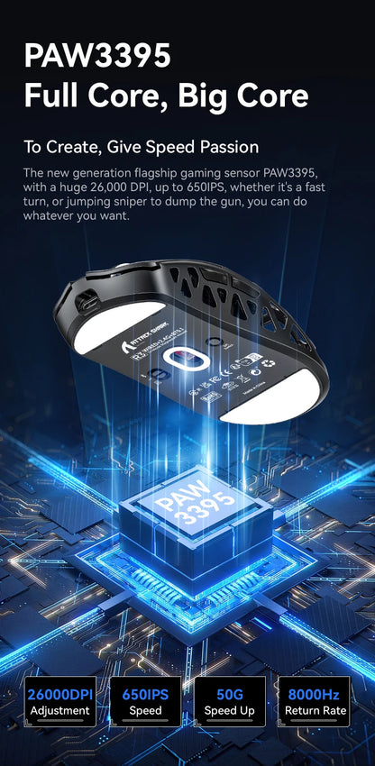 Mouse de gaming ATTACK SHARK R3 din aliaj de magneziu cu structură tip fagure, ultra-ușor, 8K Hz, senzor PAW3395, 26000 DPI, carcasă ergonomică