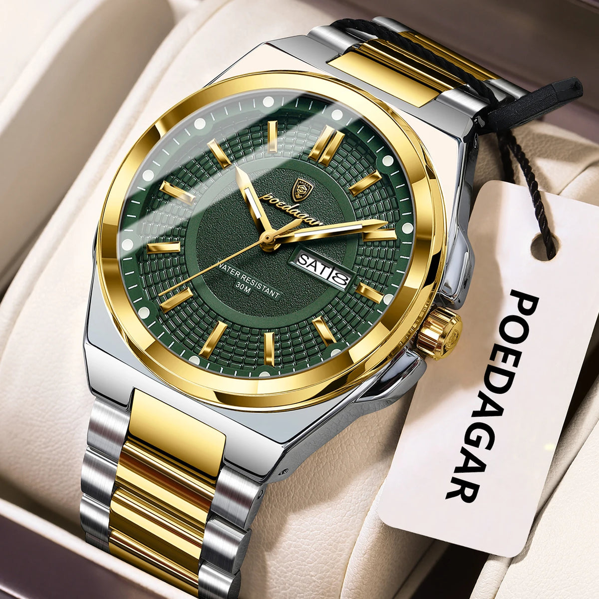 Montre-bracelet de luxe POEDAGAR Sport Original pour homme, à quartz, avec date et jour de semaine, étanche et lumineuse, en acier inoxydable.