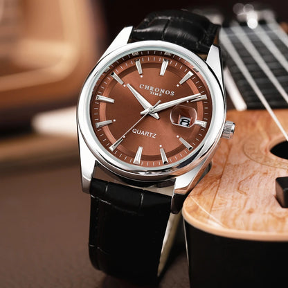 CHRONOS Men Classic Quartz Wrist Watch with Calendar Luminous Dial Leather Strap Casual Business Leisure Outdoor Sports Watches
