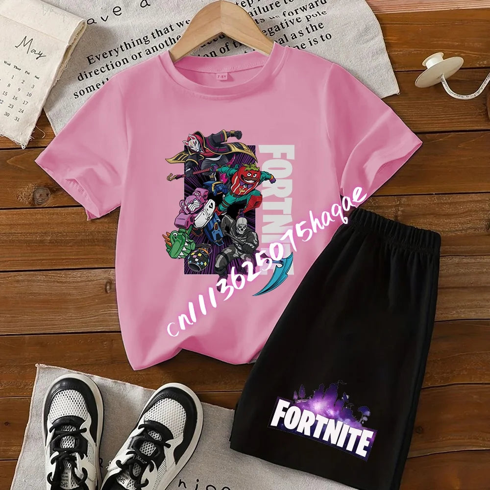Sommer-Fortnite-T-Shirt und Shorts für Jungen und Mädchen, 2-teiliges Kinder-Set mit Oberteil und Hose, Fortress-Night-Print, Geschenk